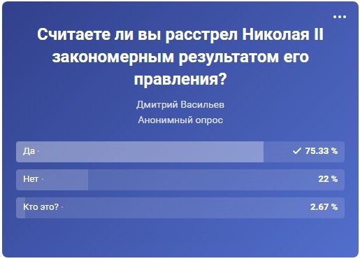 Результаты опроса: Считаете ли вы расстрел Николая II закономерным результатом его правления?