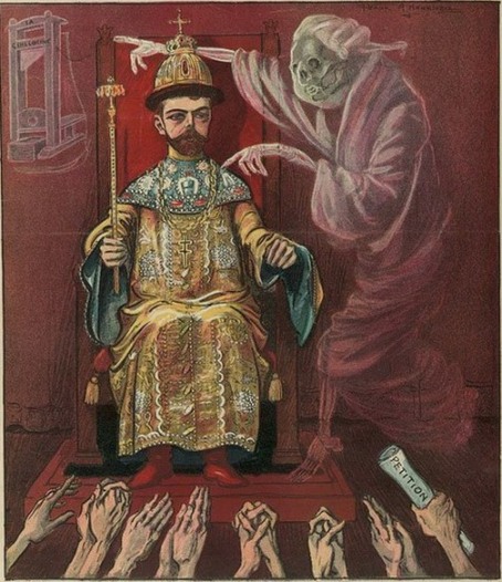 Рисунок в журнале Puck. Людовик XVI указывает Николаю II на гильотину. 1905 год